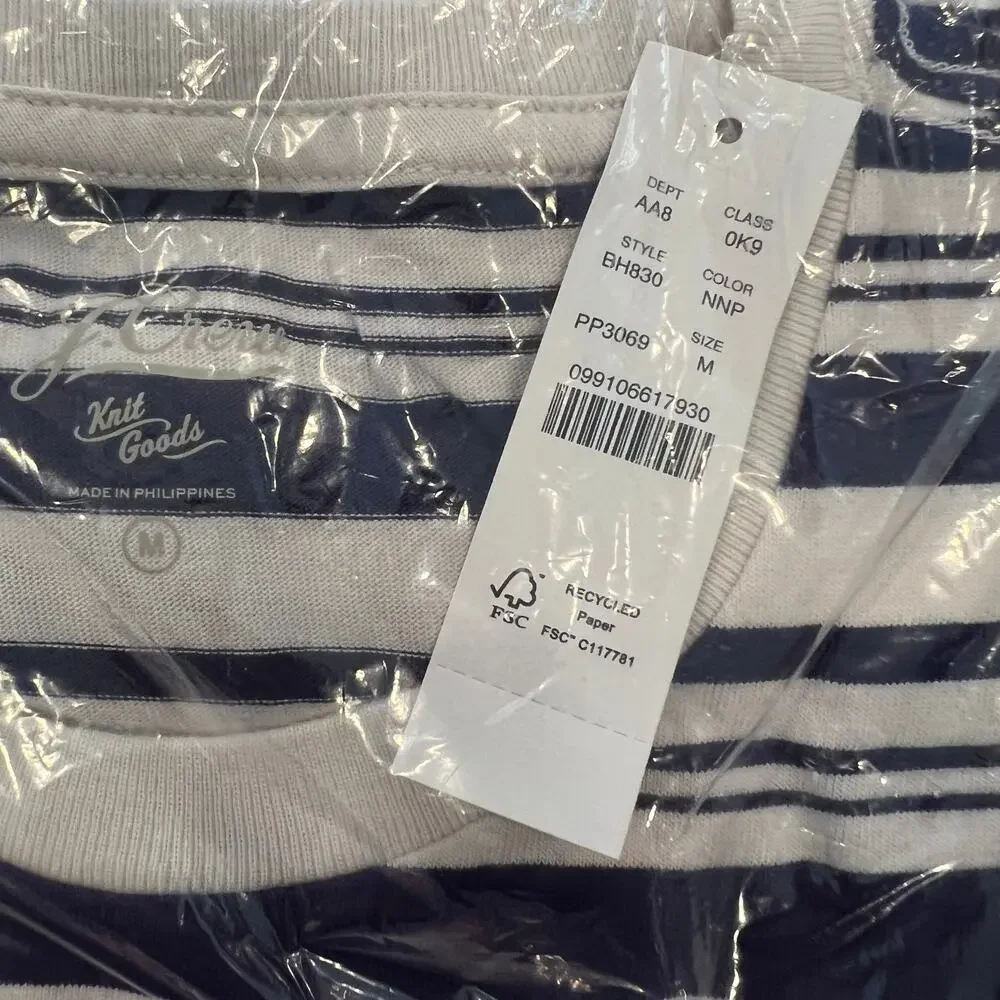 NWT J. Crew Men's Navy Pulse & White Stripe Cotton Crewneck T-Shirt